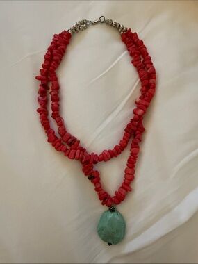 🪸Red Coral Double-Strand Necklace with Turquoise Pendant🪸